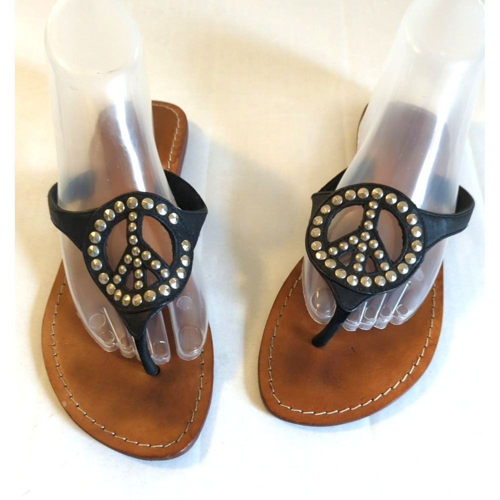 Mystique Sandals 10 Peace Sign Black Leather Silver Studs Hippy Boho Festival